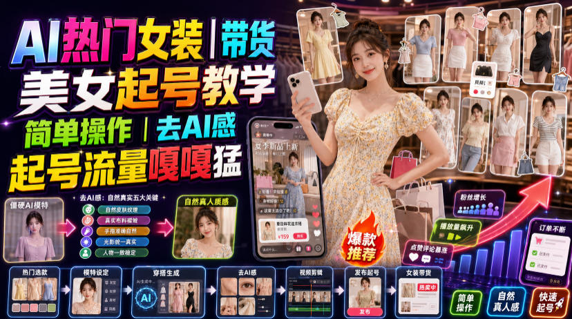 AI热门女装带货丨美女起号教学，简单操作，去AI感，起号流量嘎嘎猛-佰因轻创网