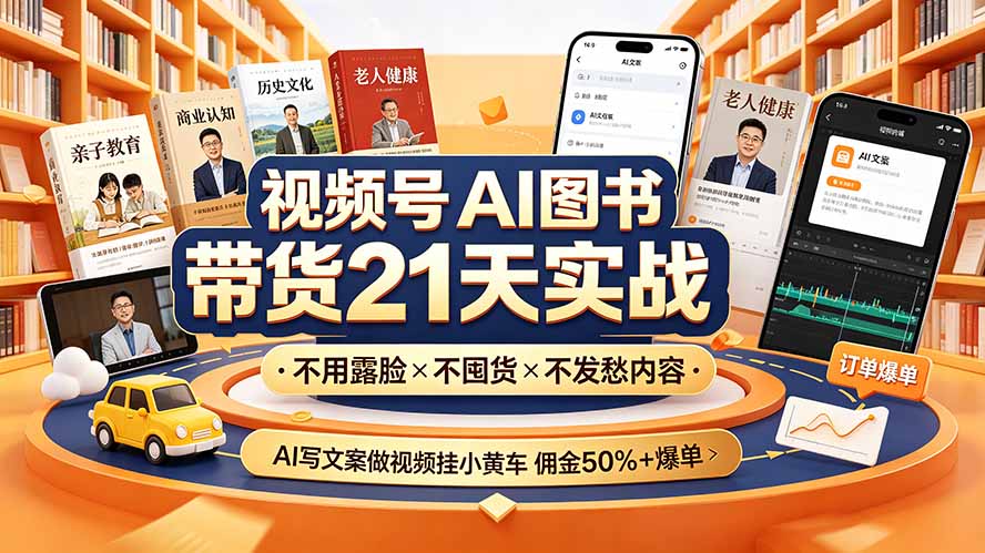 视频号AI图书带货21天实战：不用露脸×不囤货×不发愁内容，AI写文案做视频挂小黄车，佣金50%+爆单-佰因轻创网