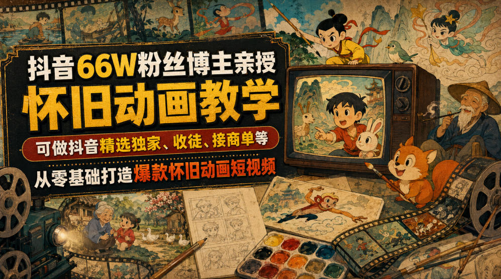 抖音66W粉丝博主亲授怀旧动画教学，可做抖音精选独家、收徒、接商单等，从零基础打造爆款怀旧动画短视频-佰因轻创网