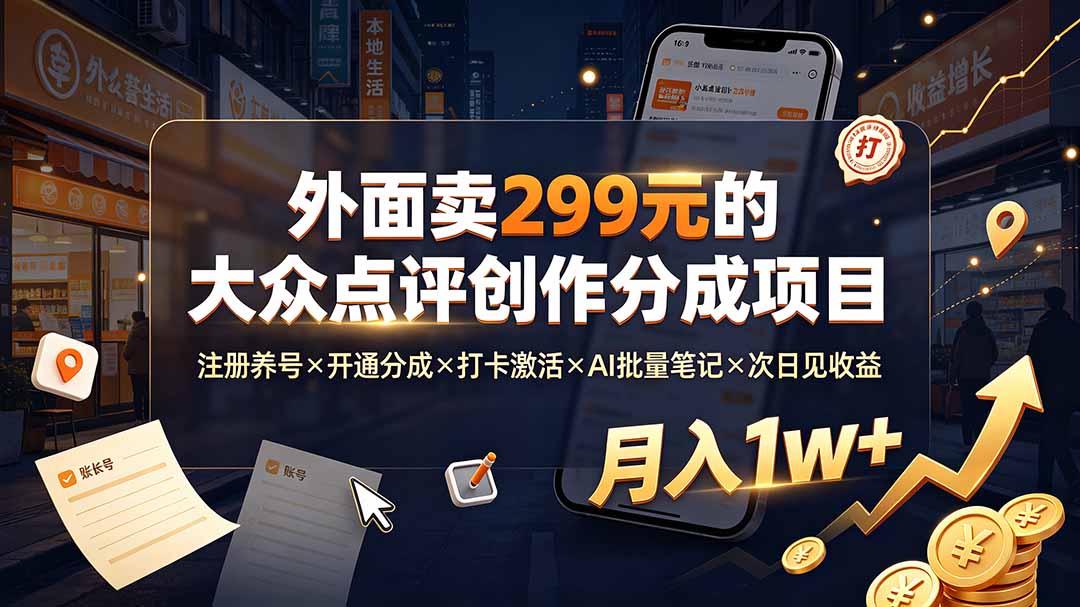 外面卖299元的大众点评创作分成项目：注册养号×开通分成×打卡激活×AI批量笔记×次日见收益，月入1w+-佰因轻创网