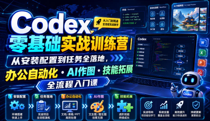 Codex零基础实战训练营｜从安装配置到任务全落地，办公自动化・AI作图・技能拓展全流程入门课-佰因轻创网