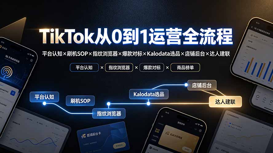 TikTok从0到1运营全流程：平台认知×刷机SOP×指纹浏览器×爆款对标×Kalodata选品×店铺后台×达人建联-佰因轻创网