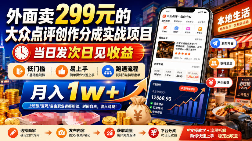 外面卖299元的大众点评创作分成实战项目,当日发次日见收益,低门槛易上手,跑通流程月入1w+-佰因轻创网