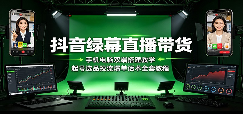 抖音绿幕直播带货：手机电脑双端搭建教学，起号选品投流爆单话术全套教程-佰因轻创网