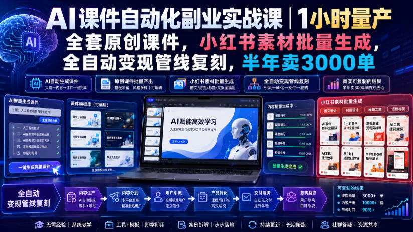 AI课件自动化副业实战课｜1小时量产全套原创课件，小红书素材批量生成，全自动变现管线复刻，半年卖3000单-佰因轻创网