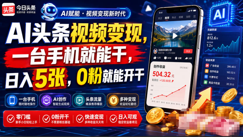 AI头条视频变现，一台手机就能干，日入5张，0粉就能开干-佰因轻创网