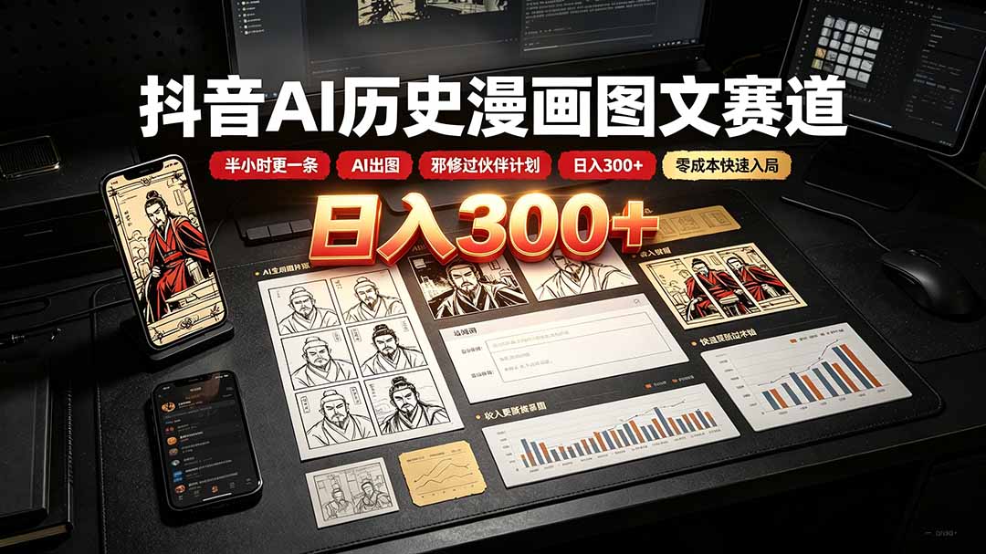 抖音AI历史漫画图文赛道：半小时更一条×AI出图×邪修过伙伴计划×日入300+，零成本快速入局-佰因轻创网
