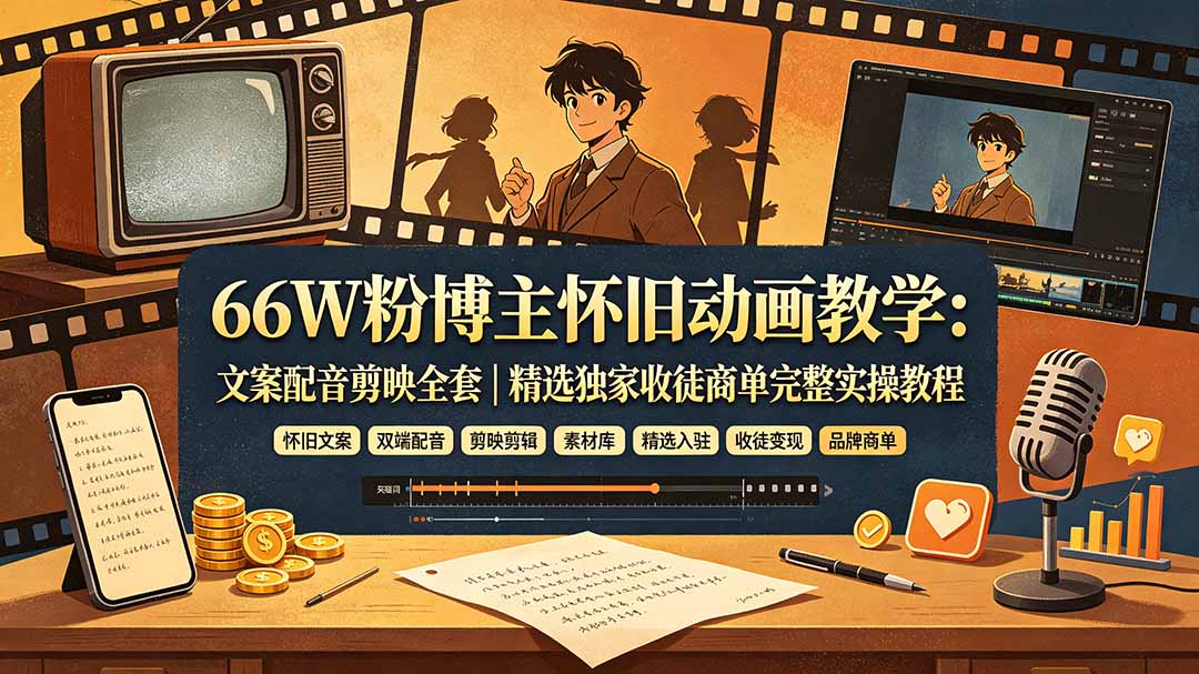 66W粉博主怀旧动画教学：文案配音剪映全套｜精选独家收徒商单完整实操教程-佰因轻创网
