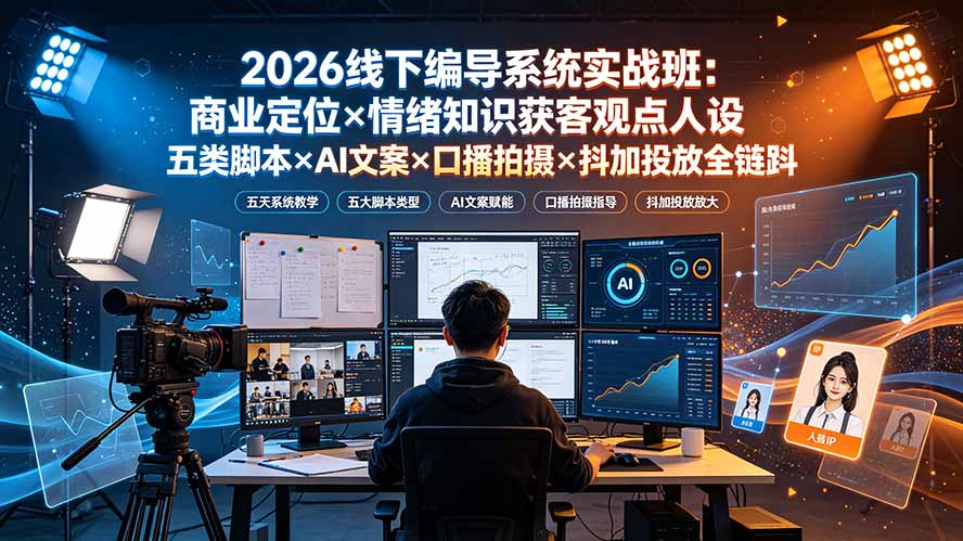 2026线下编导系统实战班：商业定位×情绪知识获客观点人设五类脚本×AI文案×口播拍摄×抖加投放全链路-佰因轻创网