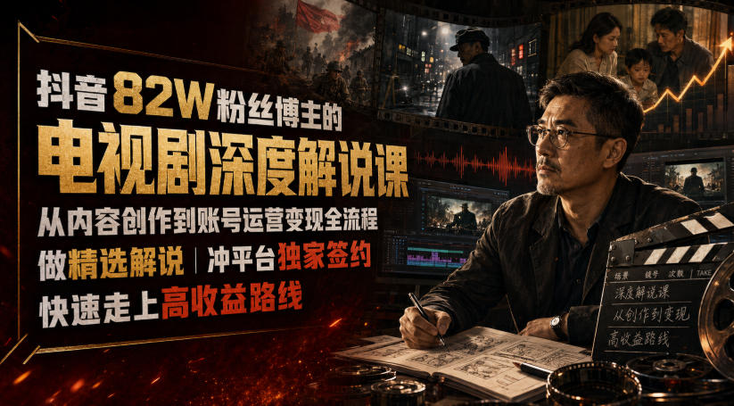 抖音82W粉丝博主的电视剧深度解说课，从内容创作到账号运营变现全流程，做精选解说，冲平台独家签约，快速走上高收益路线-佰因轻创网