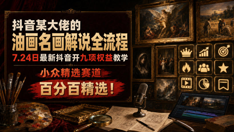 抖音某大佬的油画名画解说全流程，7.24日最新抖音开九项权益教学，小众精选赛道，百分百精选！-佰因轻创网