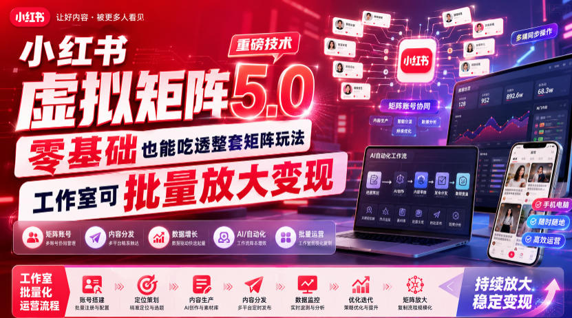 小红书虚拟矩阵5.0重磅技术，零基础也能吃透整套矩阵玩法，工作室可批量放大变现-佰因轻创网