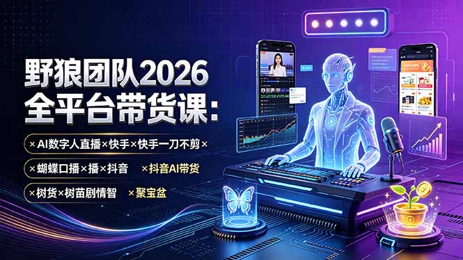 野狼团队2026全平台带货课-7月：AI数字人直播×快手一刀不剪×蝴蝶口播×抖音AI带货×树苗剧情智剪×聚宝盆-佰因轻创网