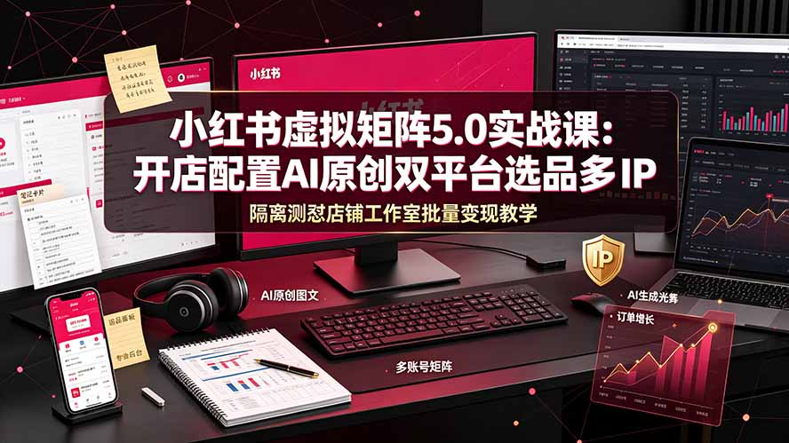 小红书虚拟矩阵5.0实战课：开店配置｜AI原创｜双平台选品｜多IP隔离｜测怼店铺工作室批量变现实操教学-佰因轻创网