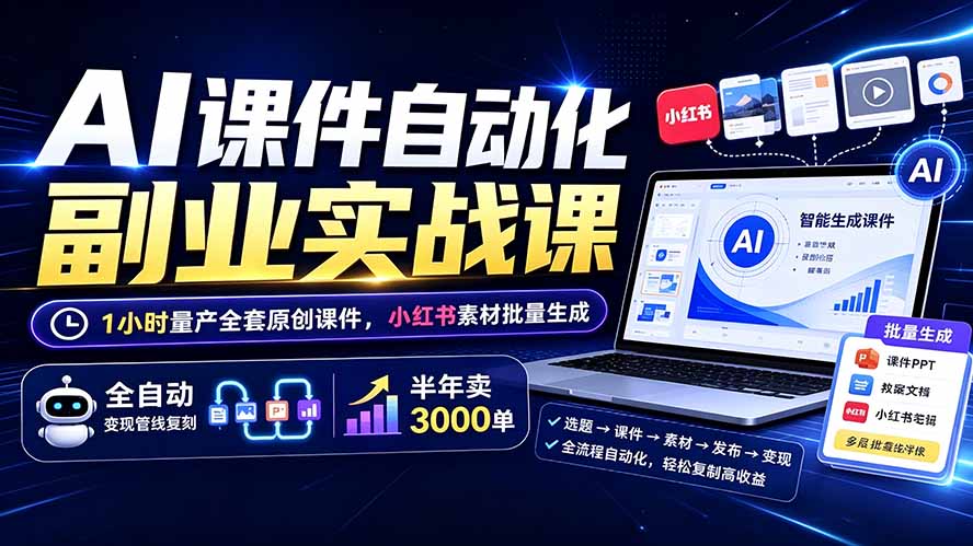 AI课件自动化副业实战课：1小时量产全套原创课件×小红书素材批量生成×全自动变现管线×半年卖3000单-佰因轻创网