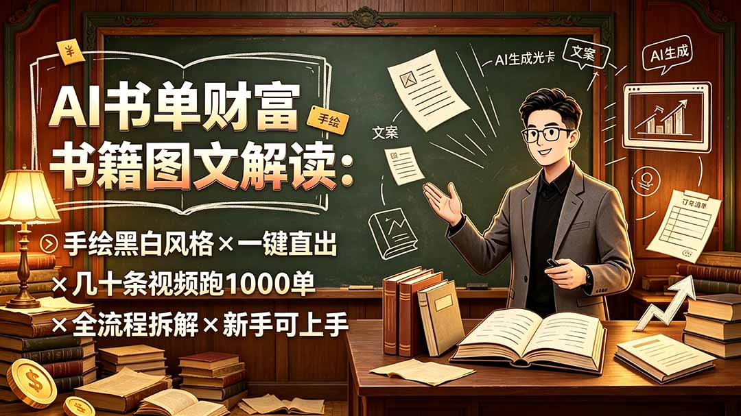 AI书单财富书籍图文解读：手绘黑白风格×一键直出×几十条视频跑1000单×全流程拆解×新手可上手-佰因轻创网