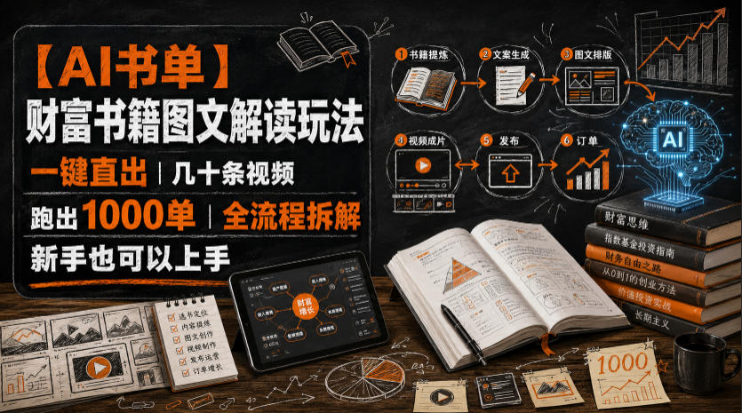 【AI书单】财富书籍图文解读玩法，一键直出，几十条视频，跑出1000单，全流程拆解，新手也可以上手-佰因轻创网