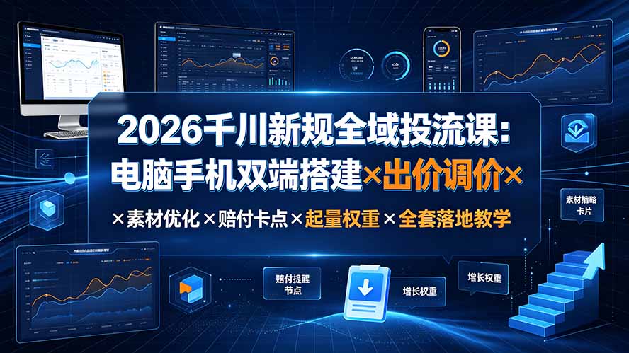 2026千川新规全域投流课：电脑手机双端搭建×出价调价×素材优化×赔付卡点×起量权重×全套落地教学-佰因轻创网