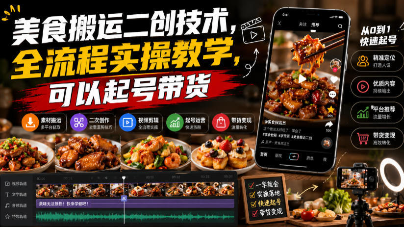 美食搬运二创技术，全流程实操教学，可以起号带货-佰因轻创网