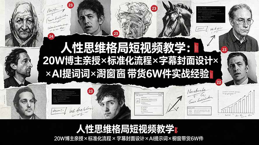人性思维格局短视频教学：20W博主亲授×标准化流程×字幕封面设计×AI提示词×橱窗带货6W件实战经验-佰因轻创网