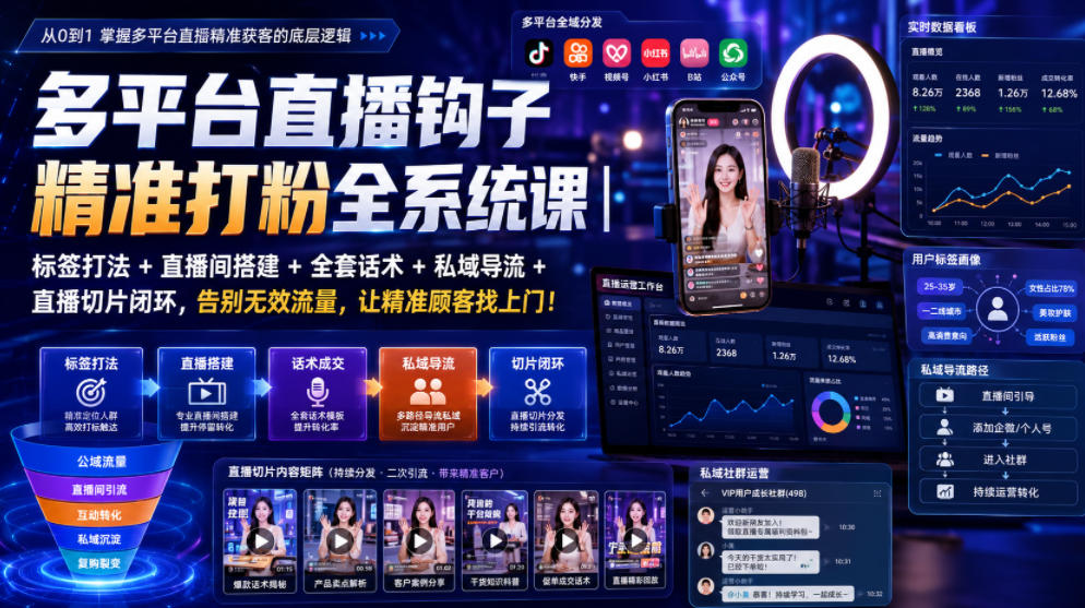 多平台直播钩子精准打粉全系统课｜标签打法+直播间搭建+全套话术+私域导流+直播切片闭环，告别无效流量，让精准顾客找上门！-佰因轻创网