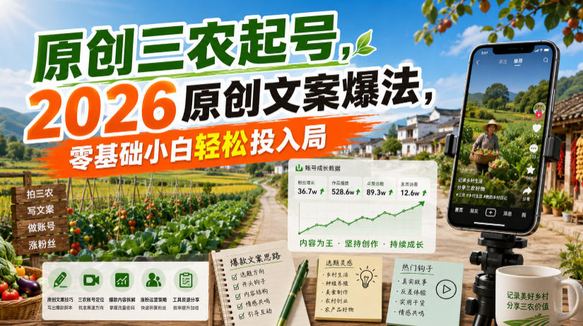 原创三农起号，2026原创文案爆法，零基础小白轻松投入局-佰因轻创网