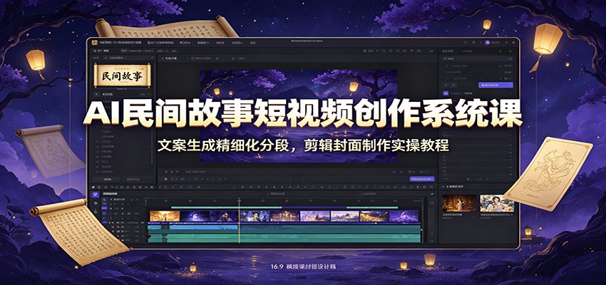 AI民间故事短视频创作系统课：文案生成精细化分段，剪辑封面制作实操教程-佰因轻创网