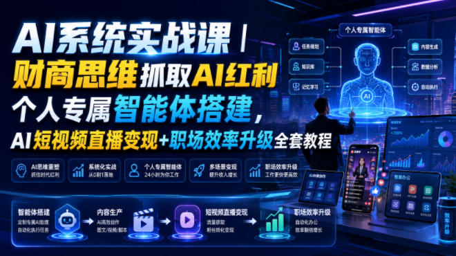 AI系统实战课｜财商思维抓取AI红利｜个人专属智能体搭建，AI短视频直播变现+职场效率升级全套教程-佰因轻创网