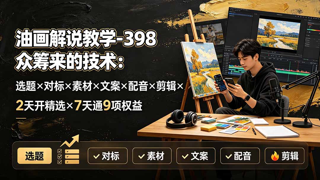 油画解说教学-398众筹来的技术：选题×对标×素材×文案×配音×剪辑×2天开精选×7天通9项权益-佰因轻创网