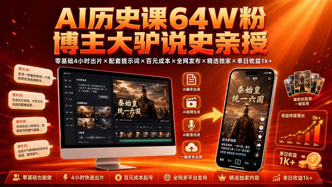 AI历史课64W粉博主大驴说史亲授：零基础4小时出片×配套提示词×百元成本×全网发布×精选独家×单日收益1k+-佰因轻创网