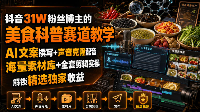 抖音31W粉丝博主的美食科普赛道教学，AI文案撰写+声音克隆配音+剪辑实操，解锁精选独家收益-佰因轻创网