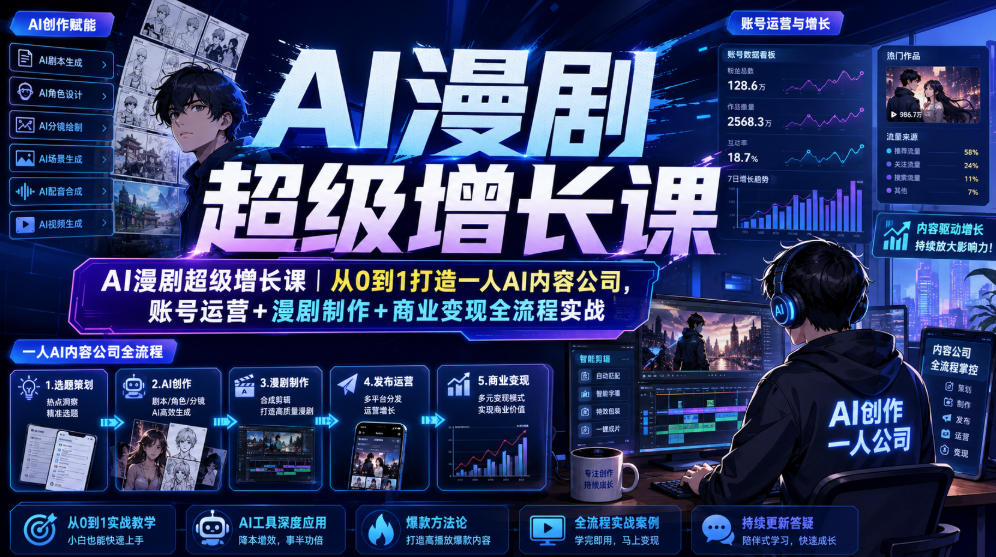 AI漫剧超级增长课｜从0到1打造一人AI内容公司，账号运营+漫剧制作+商业变现全流程实战-佰因轻创网