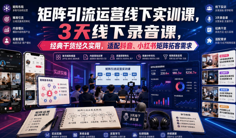 嗨推矩阵引流运营线下实训课,3天线下录音课,经典干货经久实用,适配抖音、小红书矩阵拓客需求-佰因轻创网