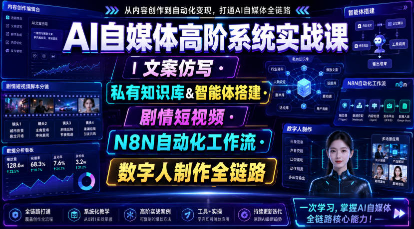 AI自媒体高阶系统实战课｜文案仿写・私有知识库&智能体搭建・剧情短视频・N8N自动化工作流・数字人制作全链路-佰因轻创网