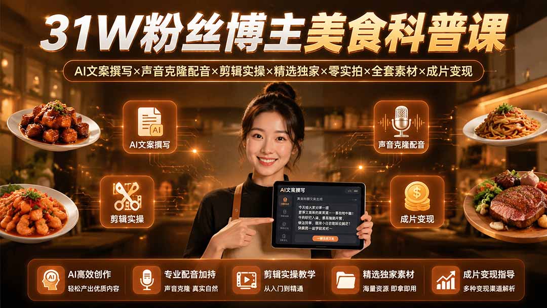 31W粉丝博主美食科普课：AI文案撰写×声音克隆配音×剪辑实操×精选独家×零实拍×全套素材×成片变现-佰因轻创网