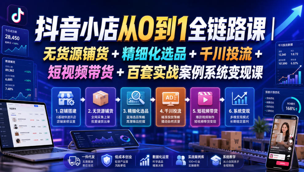 抖音小店从0到1全链路课｜无货源铺货+精细化选品+千川投流+短视频带货+百套实战案例系统变现课(2026年7月更新)-佰因轻创网