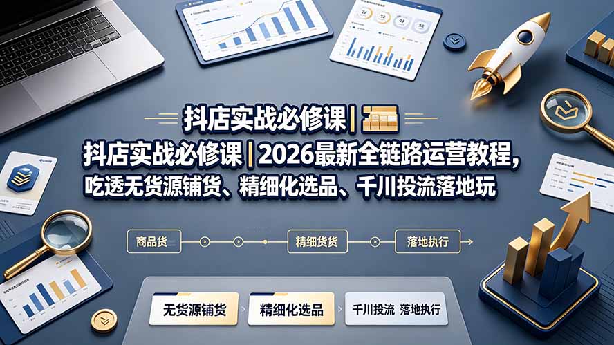 抖店实战必修课|2026最新全链路运营教程,吃透无货源铺货、精细化选品、千川投流落地玩法-佰因轻创网