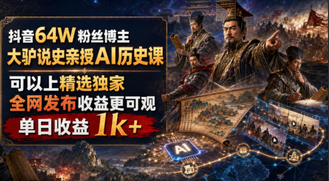抖音64W粉丝博主大驴说史亲授AI历史课，可以上精选独家，全网发布收益更可观，单日收益1k+-佰因轻创网