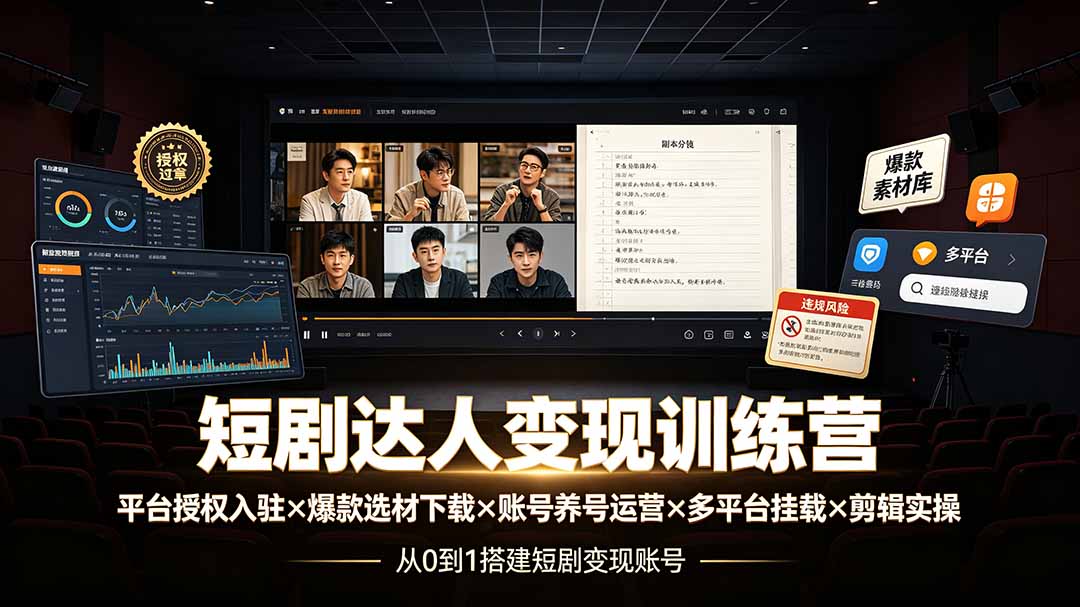短剧达人变现训练营:平台授权入驻×爆款选材下载×账号养号运营×多平台挂载×剪辑实操×违规处理全流程-佰因轻创网