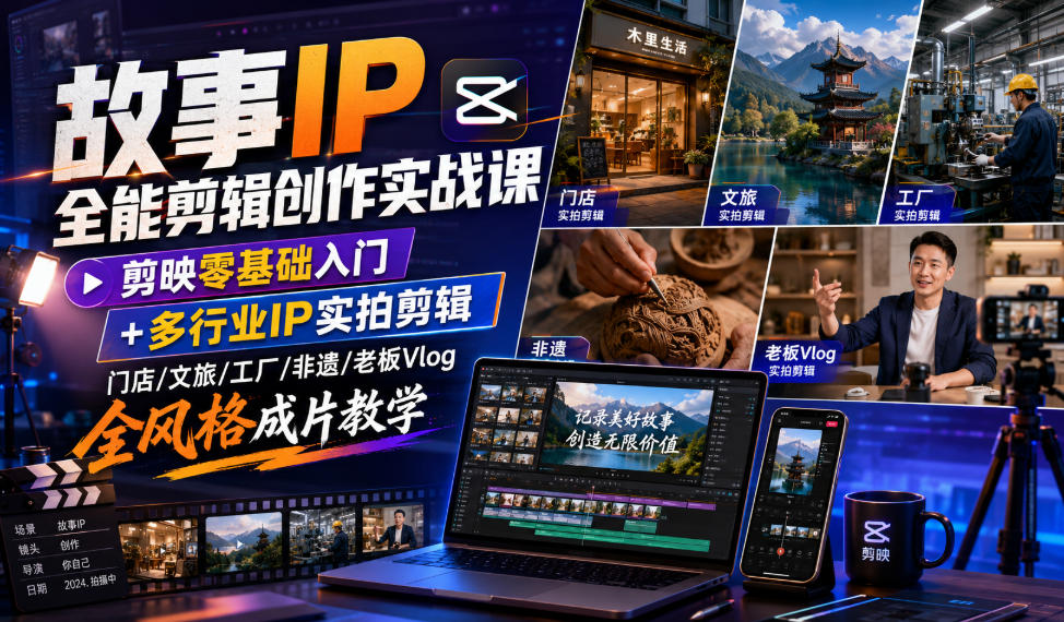 故事IP全能剪辑创作实战课｜剪映零基础入门+多行业IP实拍剪辑，门店/文旅/工厂/非遗/老板Vlog全风格成片教学-佰因轻创网