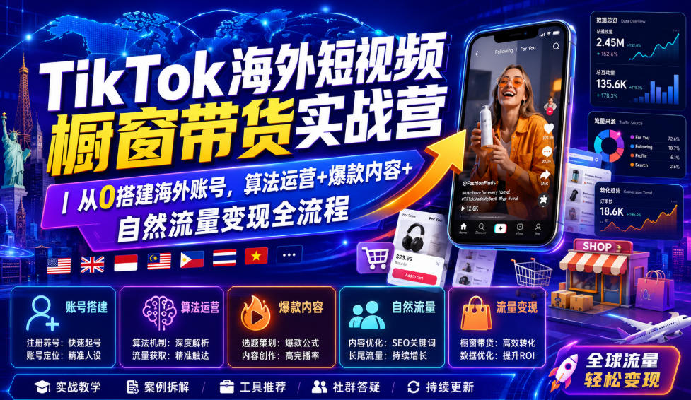 TikTok海外短视频橱窗带货实战营|从0搭建海外账号,算法运营+爆款内容+自然流量变现全流程-佰因轻创网