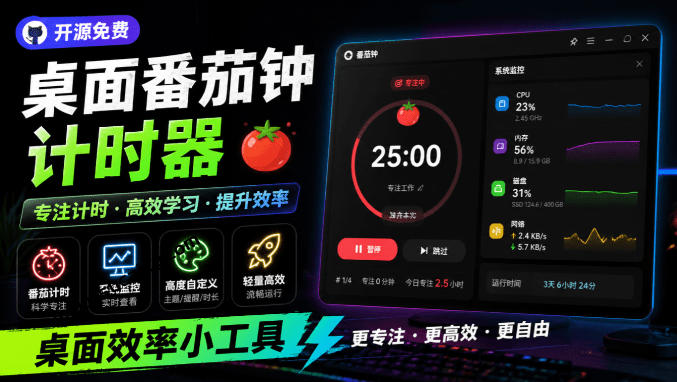 仅1.16MB,开源极简的桌面时钟、番茄钟计时器,还支持系统监控显示,桌面效率小工具Catime-佰因轻创网