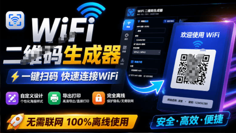 完全离线使用!WiFi二维码生成器,一键扫码快速连接WiFi,支持自定义风格导出WiFi二维码生成器-佰因轻创网