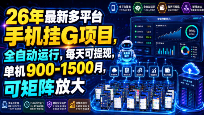 26年最新多平台手机挂G项目，全自动运行，每天可提现，单机900-1500月，可矩阵放大【揭秘】-佰因轻创网