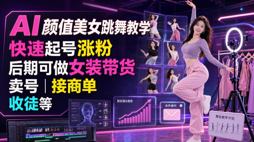 AI颜值美女跳舞教学，快速起号涨粉，后期可做女装带货，卖号，接商单，收徒等-佰因轻创网