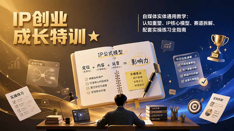 IP创业成长特训★自媒体实体通用教学：认知重塑、IP核心模型、赛道拆解、配套实操练习全指南-佰因轻创网
