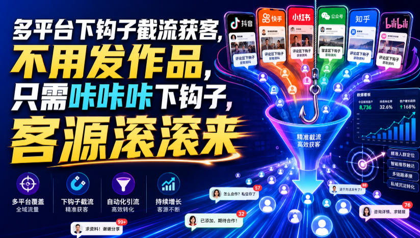 多平台下钩子截流获客，不用发作品，只需咔咔咔下钩子，客源滚滚来-佰因轻创网