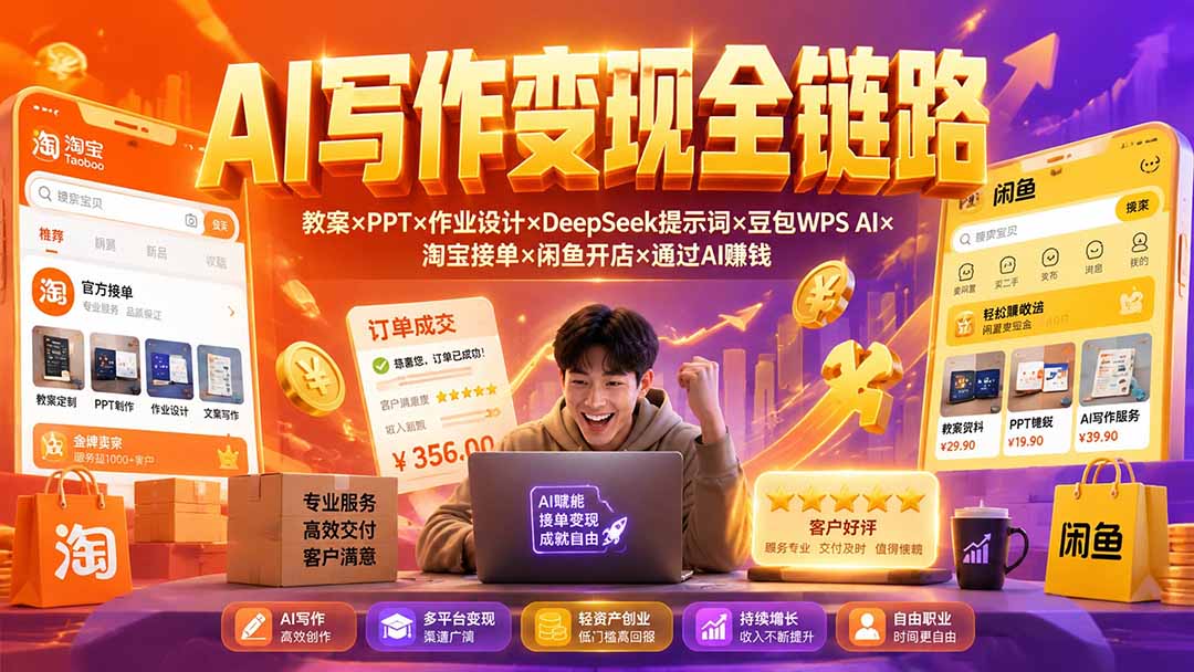 2026AI写作变现全链路：教案×PPT×作业设计×DeepSeek提示词×豆包WPS AI×淘宝接单×闲鱼开店×通过AI賺钱-佰因轻创网