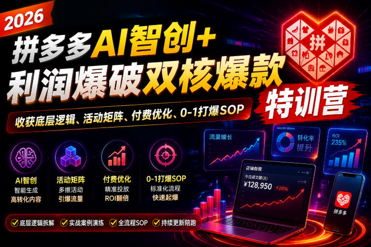 2026拼多多AI智创+利润爆破双核爆款特训营，收获底层逻辑、活动矩阵、付费优化、0-1打爆SOP(更新0727)-佰因轻创网