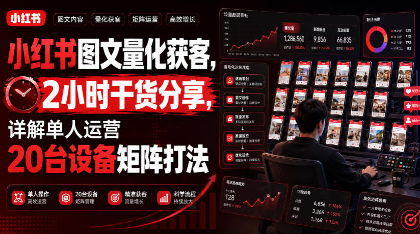 小红书图文量化获客,2小时干货分享,详解单人运营20台设备矩阵打法-佰因轻创网